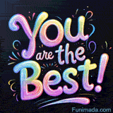 Bold rounded You are the Best lettering shines in a smooth rainbow gradient of pink purple blue green and yellow with glossy 3D effect while small colorful firework bursts and dots float on black