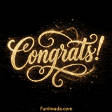 Ornate gold script text reading Congrats features dense glitter texture and soft glowing edges as scattered light dots create a refined celebratory effect on dark space.