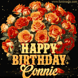 Animated bouquet of orange roses with moving butterfles and golden 'Happy Birthday Connie' text, surrounded by sparkling accents and a dark backdrop for a luxurious feel.