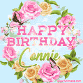 A charming animated GIF featuring 'Happy Birthday Connie' in pink and green text, surrounded by delicate roses, leaves, and fluttering butterflies on a soft light blue pastel background.