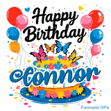 Elegant black lettering saying Happy Birthday above a colorful floral cake with balloons, made for Connor.