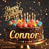 Golden lettering spelling Connor on a rich chocolate birthday cake decorated with rainbow sprinkles.