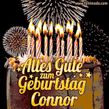 A chocolate birthday cake with glowing candles, the German text 'Alles Gute zum Geburtstag Connor,' and vibrant fireworks lighting up the background in an animated GIF.