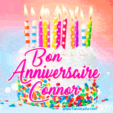 A white birthday cake covered in colorful sprinkles, topped with bright candles, and French text 'Bon Anniversaire Connor' on a pastel gradient background in an animated GIF.