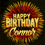 Golden 'Happy Birthday Connor' text accompanied by animated rainbow fireworks for a festive animated greeting.