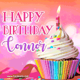 A vibrant birthday GIF featuring a rainbow-colored cupcake topped with white frosting, sprinkles, and a lit candle. The text reads 'Happy Birthday Connor' in bold pink and violet letters with white outline.