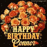 Animated bouquet of orange roses with moving butterfles and golden 'Happy Birthday Connor' text, surrounded by sparkling accents and a dark backdrop for a luxurious feel.
