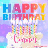 A vibrant animated name GIF with the words 'Happy Birthday Connor' with colorful candles on a creamy cake. The background sparkles with pastel shades, adding a festive touch.
