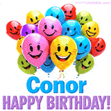 An animated birthday-themed name GIF with colorful smiling balloons and bold 'Conor, Happy Birthday!' text for a celebratory touch.