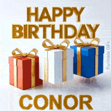 Clean and modern 3D design wishing Happy Birthday to Conor with three colorful bouncing gift packages casting shadows on a white surface