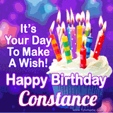 A colorful birthday GIF for Constance featuring a cupcake with vibrant lit candles and the text 'It's Your Day to Make a Wish! Happy Birthday Constance' in bold letters on a festive purple background.
