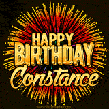 Golden 'Happy Birthday Constance' text accompanied by animated rainbow fireworks for a festive animated greeting.
