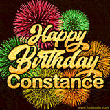 Golden text reading 'Happy Birthday Constance' surrounded by vibrant fireworks in red, green, and yellow, set against a dark background in this celebratory birthday GIF.