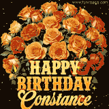 Animated bouquet of orange roses with moving butterfles and golden 'Happy Birthday Constance' text, surrounded by sparkling accents and a dark backdrop for a luxurious feel.