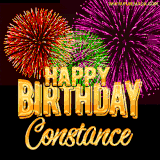 A golden 'Happy Birthday Constance' message with vibrant fireworks in the background, creating a festive and celebratory vibe in this animated name GIF.