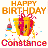 A vibrant and funny gift box character with a happy face dancing with a cupcake and the text 'Happy Birthday Constance,' surrounded by animated confetti and party vibes.