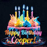 A vibrant animated GIF featuring a colorful rotating birthday cake with bright frosting swirls, glowing candles, and the text 'Happy Birthday Cooper!' in rainbow colors.