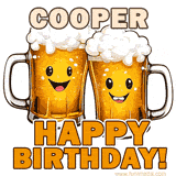 Animated GIF with name Cooper featuring two smiling beer mugs with frothy tops, toasting in celebration. The text reads 'Cooper, Happy Birthday!' in bold letters.