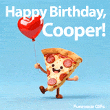 Happy Birthday Cooper GIF featuring a cheerful dancing pizza with a smiley face