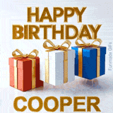 Bright and fun Happy Birthday Cooper GIF featuring three lively jumping gift boxes tied with shiny golden bows on a light background