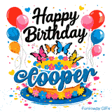 A detailed animated card featuring a butterfly-themed cake with Cooper's name in rounded script.