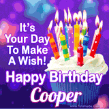 A colorful birthday GIF for Cooper featuring a cupcake with vibrant lit candles and the text 'It's Your Day to Make a Wish! Happy Birthday Cooper' in bold letters on a festive purple background.