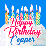 A cheerful animated GIF featuring colorful lit birthday candles on a white cake, with the text 'Happy Birthday Copper' in bold red and blue script on a bright blue background.