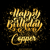 Animated GIF with colorful, festive 'Happy Birthday Copper' text decorated with patterns, a party hat, and falling confetti. A vibrant and cheerful design for birthday celebrations.