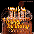 A rich chocolate cake topped with glowing birthday candles and surrounded by bright fireworks. The animated GIF displays the message 'Happy Birthday Copper' in golden text.
