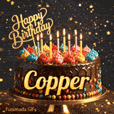 Personalised birthday animation with the name Copper written on a chocolate drip cake with flickering candles.