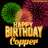 A captivating GIF with bursts of green, pink, and orange fireworks lighting up the night sky, accompanied by 'Happy Birthday Copper' in glowing golden text.