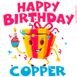 A funny animated birthday GIF with the words 'Happy Birthday Coppera', colorful gift box with arms and legs, holding a cupcake with a lit candle  with confetti everywhere.