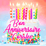 A white birthday cake covered in colorful sprinkles, topped with bright candles, and French text 'Bon Anniversaire Coralee' on a pastel gradient background in an animated GIF.