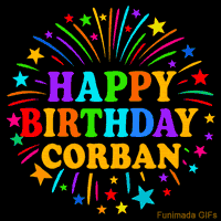 Vibrant animated GIF with 'Happy Birthday Corban' in rainbow-colored text, surrounded by colorful stars and fireworks on a black background.