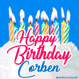 A cheerful animated GIF featuring colorful lit birthday candles on a white cake, with the text 'Happy Birthday Corben' in bold red and blue script on a bright blue background.