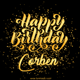 Animated GIF with colorful, festive 'Happy Birthday Corben' text decorated with patterns, a party hat, and falling confetti. A vibrant and cheerful design for birthday celebrations.
