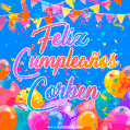 A vibrant animated GIF with 'Feliz Cumpleaños Corben' written in colorful script, surrounded by balloons, confetti, and bunting on a bright blue background.