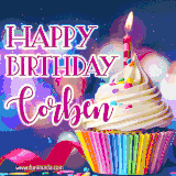 A festive animated GIF featuring a colorful cupcake with a single lit candle, sprinkles, and 'Happy Birthday Corben' text against a sparkling, celebratory background.