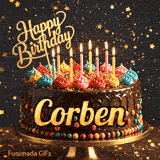 A festive birthday ecard for Corben displaying a rich chocolate cake, colorful sprinkles, and a gold star background.