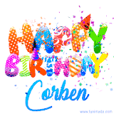 Animated GIF with colorful, festive 'Happy Birthday Corben' text decorated with patterns, a party hat, and falling confetti. A vibrant and cheerful design for birthday celebrations.