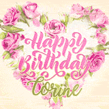 A stunning heart made of pink roses surrounds the elegant script text 'Happy Birthday Corine' on a soft beige background. Animated sparkles add a magical and festive feel.