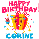 A vibrant and funny gift box character with a happy face dancing with a cupcake and the text 'Happy Birthday Corine,' surrounded by animated confetti and party vibes.