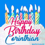 A cheerful animated GIF featuring colorful lit birthday candles on a white cake, with the text 'Happy Birthday Corinthian' in bold red and blue script on a bright blue background.