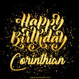 Animated GIF with colorful, festive 'Happy Birthday Corinthian' text decorated with patterns, a party hat, and falling confetti. A vibrant and cheerful design for birthday celebrations.