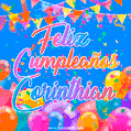 A vibrant animated GIF with 'Feliz Cumpleaños Corinthian' written in colorful script, surrounded by balloons, confetti, and bunting on a bright blue background.