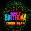 A colorful animated GIF featuring the text 'Happy Birthday Corinthian!' in rainbow colors with a dynamic iridescent firework display in the background.