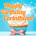 A cheerful animated GIF of a cupcake with creamy frosting, a red checkered ribbon, and a bright sparkler on top. The text 'Happy Birthday Corinthian!' is displayed in vibrant orange and red.