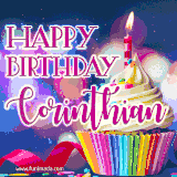 A festive animated GIF featuring a colorful cupcake with a single lit candle, sprinkles, and 'Happy Birthday Corinthian' text against a sparkling, celebratory background.