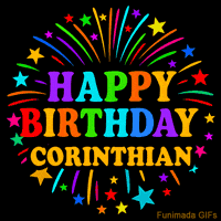 Vibrant animated GIF with 'Happy Birthday Corinthian' in rainbow-colored text, surrounded by colorful stars and fireworks on a black background.