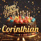 Shimmering birthday animation for Corinthian featuring a delicious chocolate drip cake with glowing yellow candles.